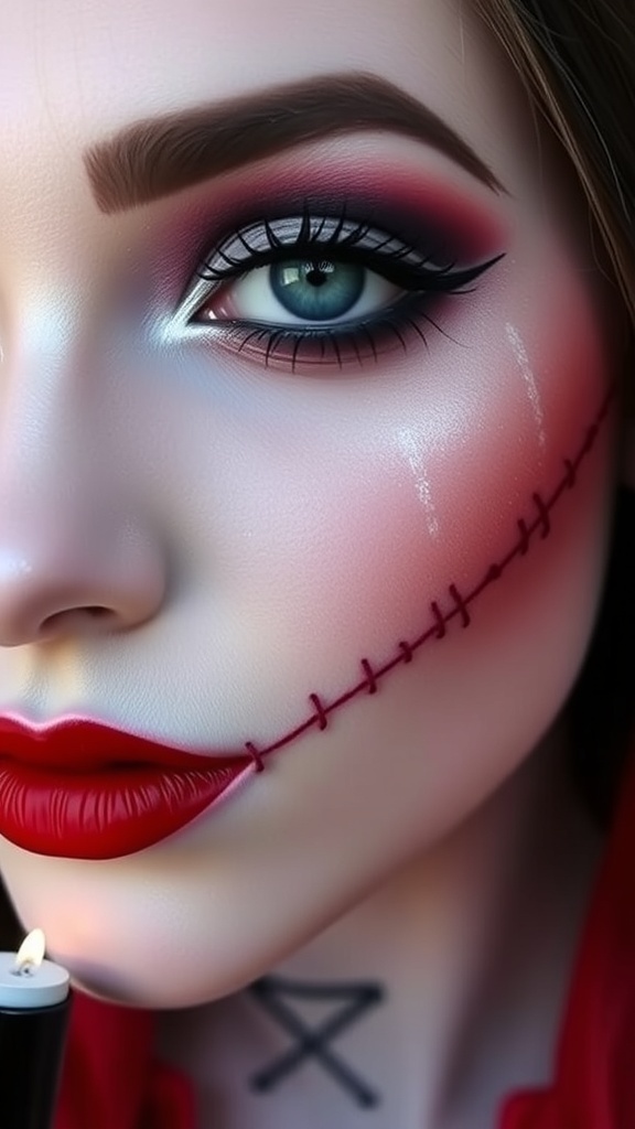 Sally makeup look featuring pale skin, blue and red eyeshadow, stitched face details, and red lips.